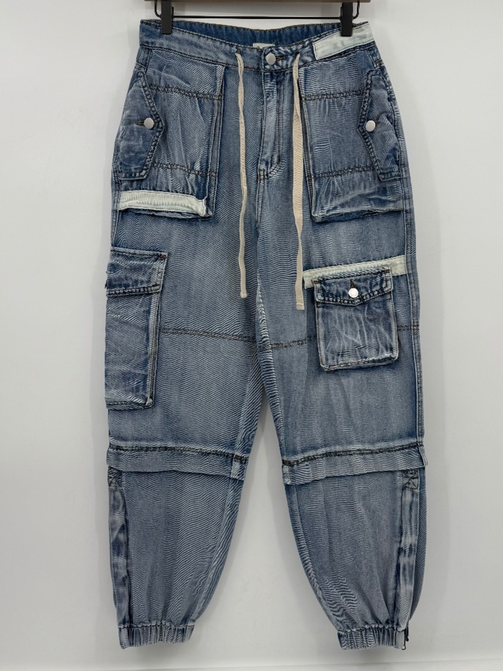 Pol Jeans Women Medium Blue Oversized Denim Cargo Pant Joggers Drawstring